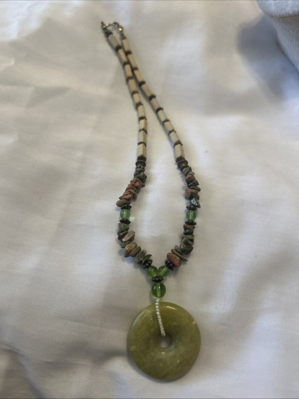 Jade Pi Disc Peridot Prehnite Beads Disk Necklace 18” Green Jade Donut